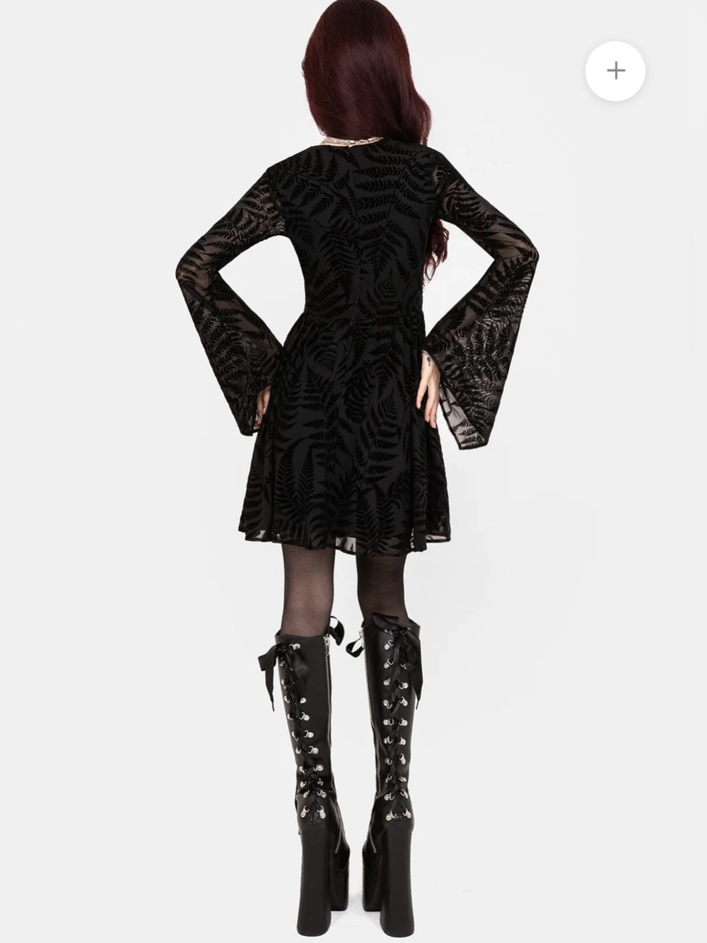 NWT Disturbia Lunafern Fern Leaf Flocked Mesh Flute Sleeve Black Mini Dress Sz 6 - Picture 3 of 13